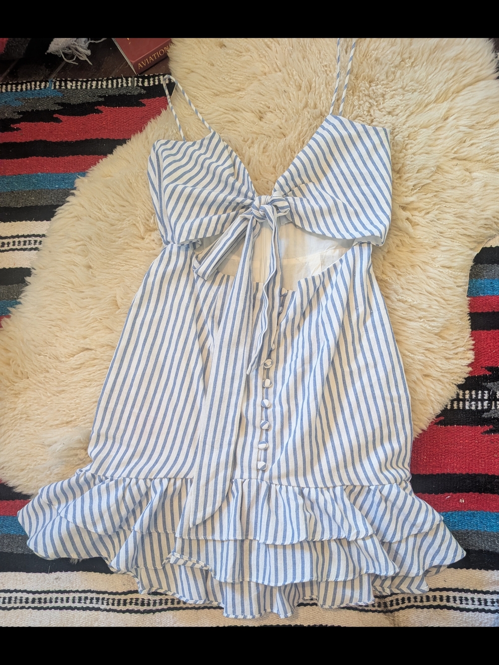 SABO Blue & White Tie-Front Ruffle Sundress